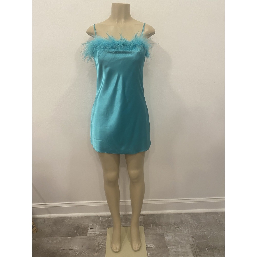 Thirty Thirty Blue Satin Party Slip Club Dress with Feather Trim Size Small Sexy